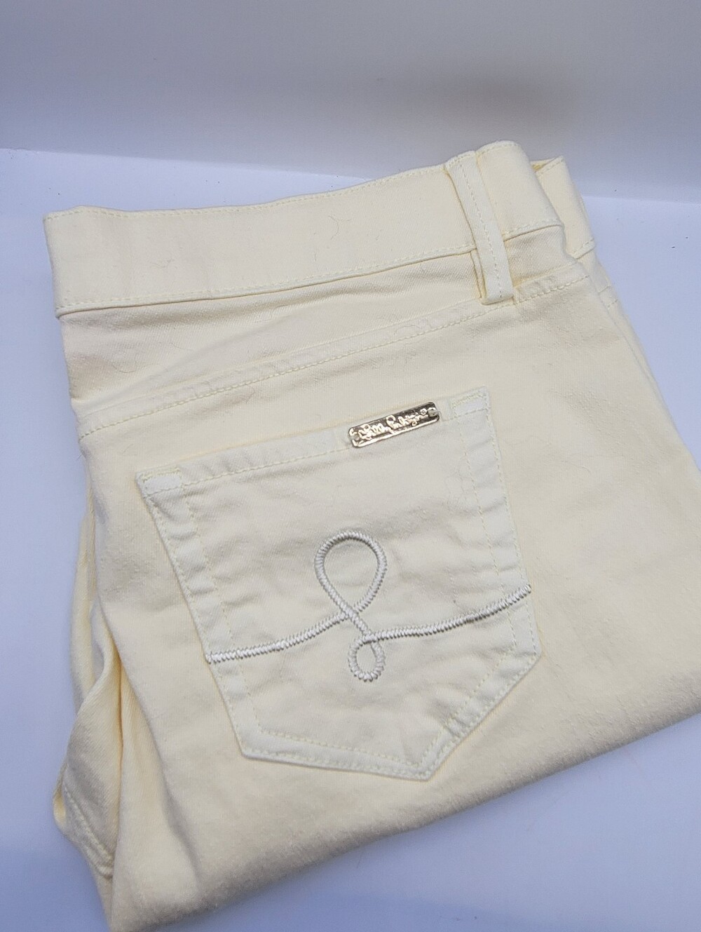 Lilly Pulitzer Pastel Yellow Womens Jeans Frayed Hem Size 10 Gold Tone Logo Mint - Picture 11 of 11